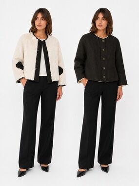 Caron Callahan Tommy Reversible Cropped Jacket Ivory Faux Fur Black Linen Wool M